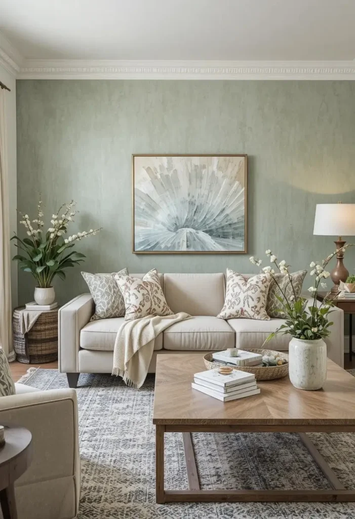 Living room with limewash textured wall creating organic depth