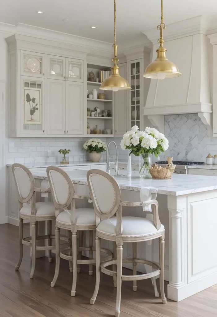 Elegant French-inspired kitchen with white upholstered bar stools.