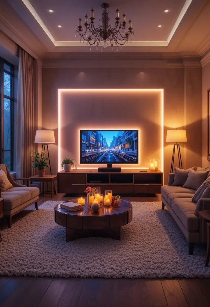 Living room with layered ambient lighting creating cozy evening mood