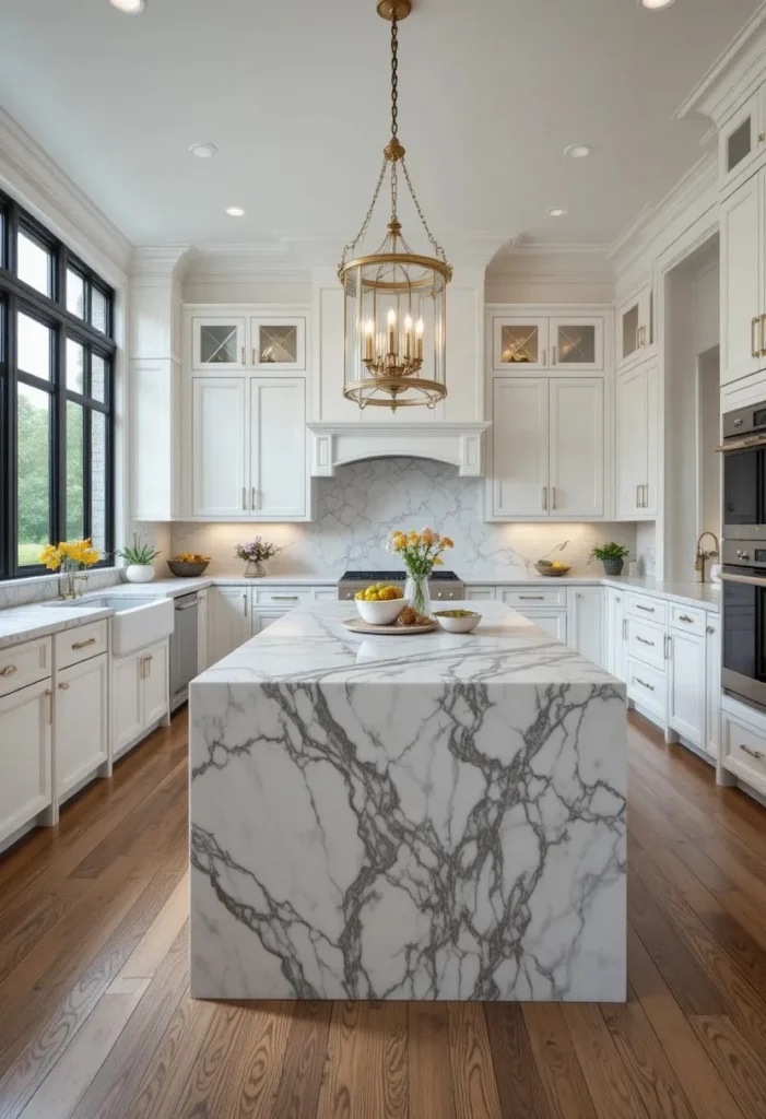 Full luxury kitchen featuring a white marble waterfall island with elegant gray veining and brass accents.