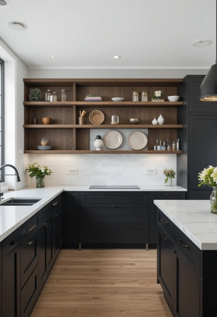 Soft black kitchen cabinets with open wood shelving and quartz countertops