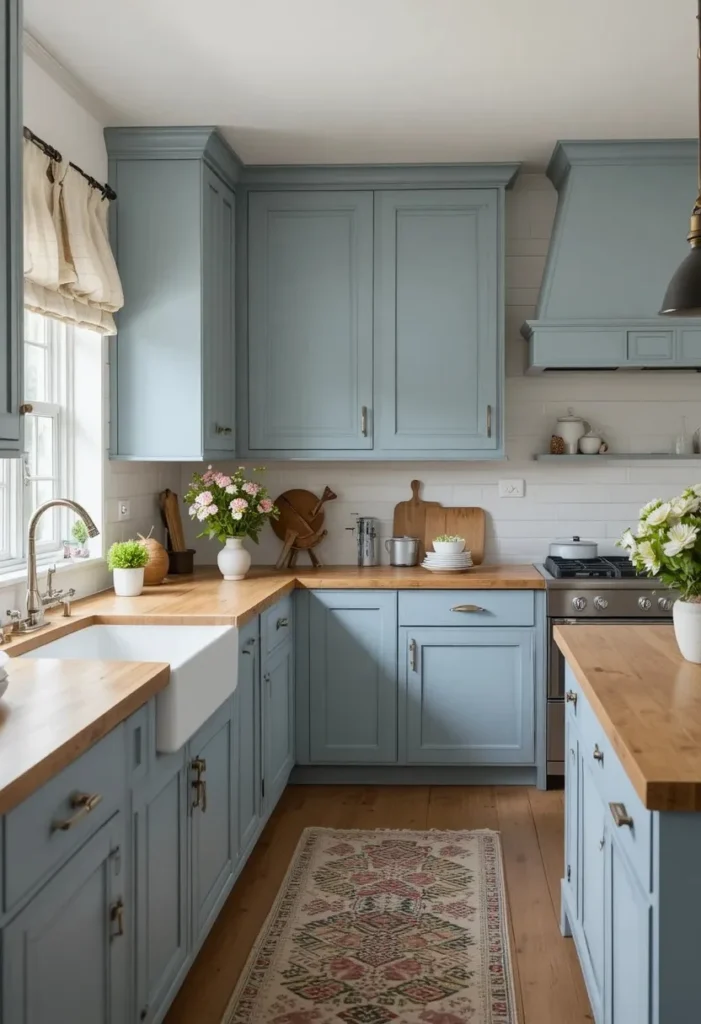 Dusty blue kitchen cabinets with butcher block counters in cottage kitchen