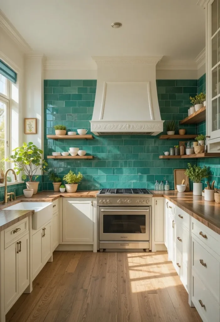 Full kitchen with glossy green subway tile backsplash