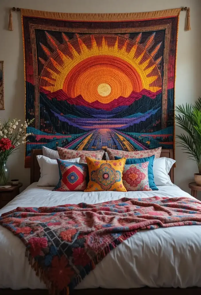Large tapestry wall hanging adding color to bedroom decor.