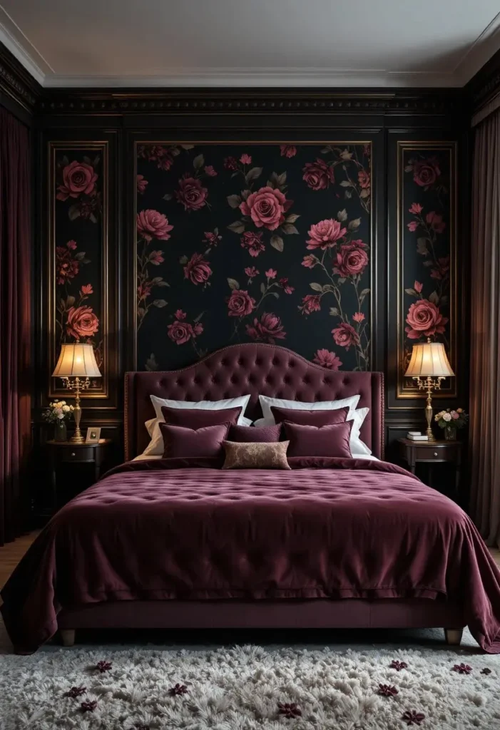 Moody bedroom with dark floral wallpaper and velvet bedding creating a romantic luxury atmosphere.