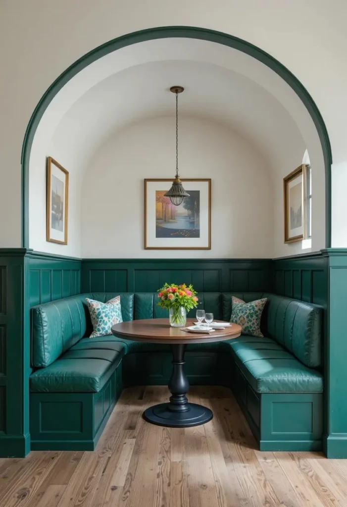 Full dining room with deep green arched nook creating a destination seating area