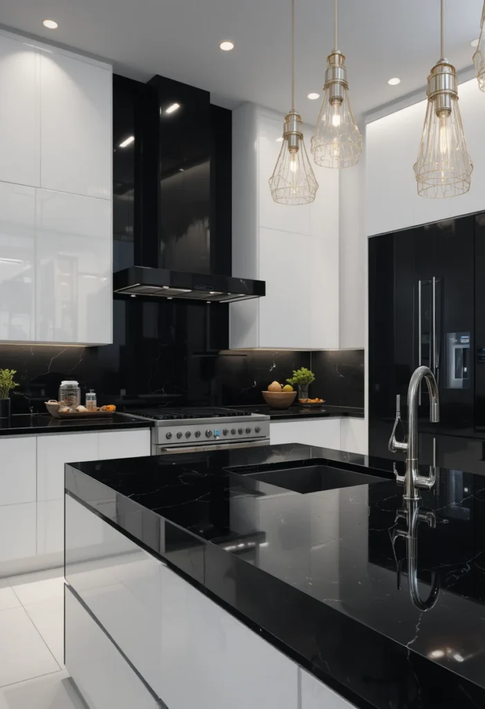 Modern kitchen with glossy black countertops and sleek white cabinets.