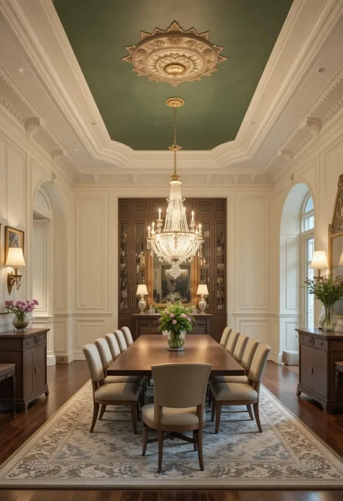 Full dining room with dark green ceiling adding dramatic architectural style