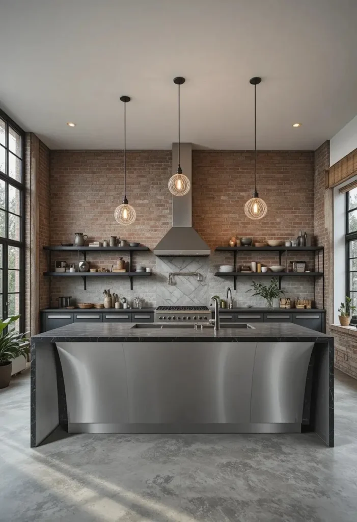 Industrial kitchen featuring a raw steel waterfall island and urban loft-inspired design.