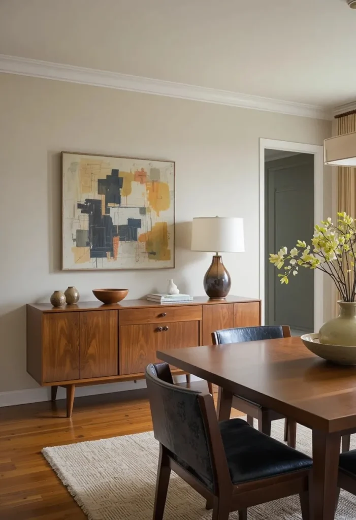 Mid century dining room featuring a walnut credenza styled with art and decor.