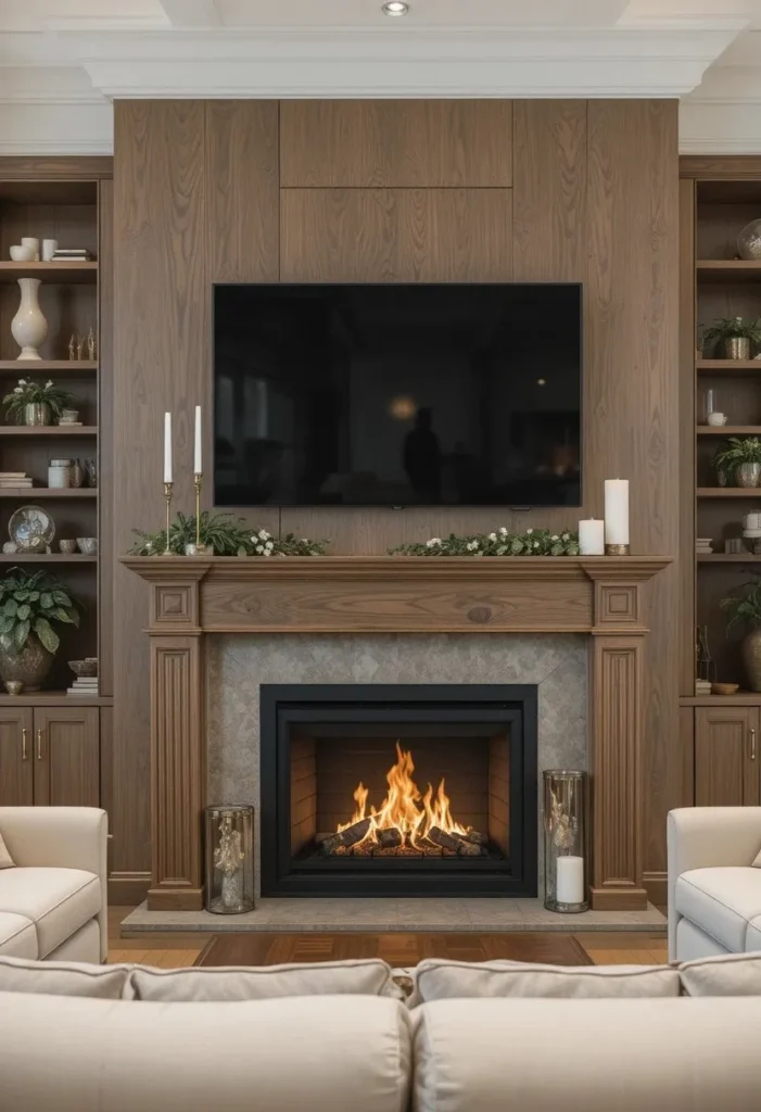 Mounted TV above fireplace with wooden mantel in elegant cozy living room