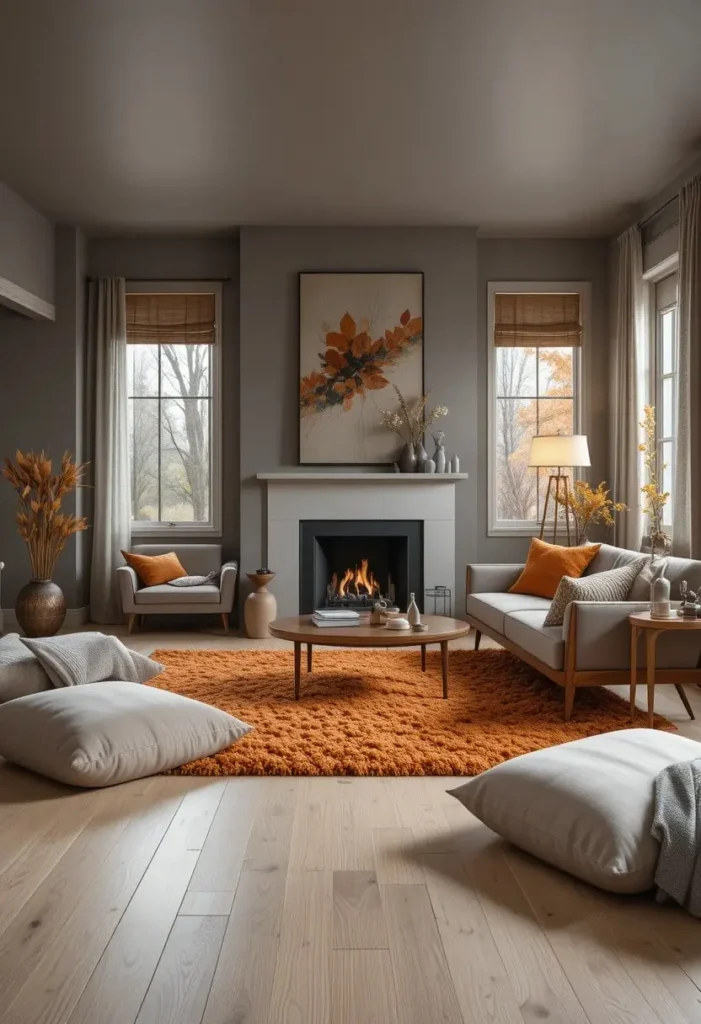 Cozy living room with burnt orange shag rug and warm modern decor.