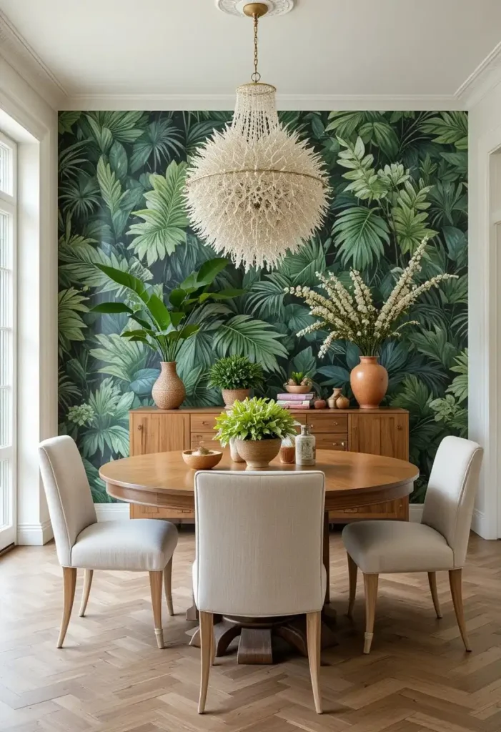 Dining room with botanical wallpaper and natural organic decor