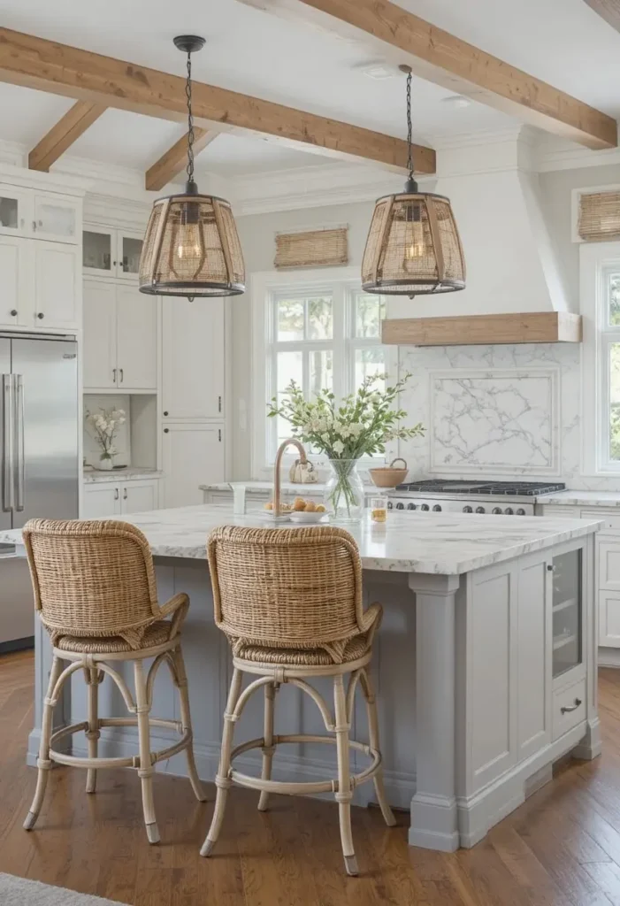 Coastal-style kitchen with woven rattan bar stools.