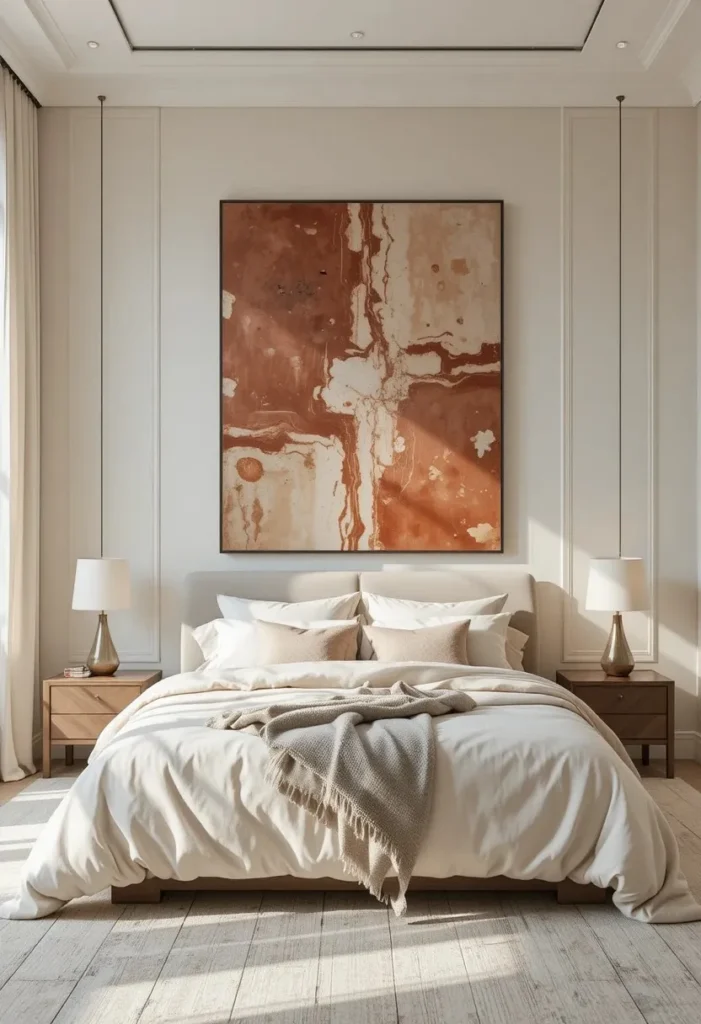 Oversized abstract art print above bed in modern neutral bedroom.
