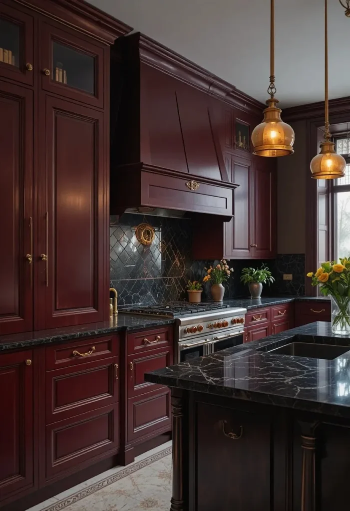Rich burgundy kitchen cabinets with brass details and marble surfaces