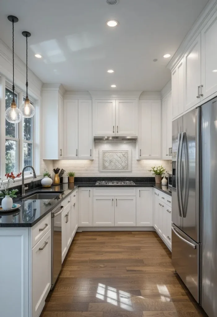 Modern kitchen with sleek black quartz countertops and white cabinetry.