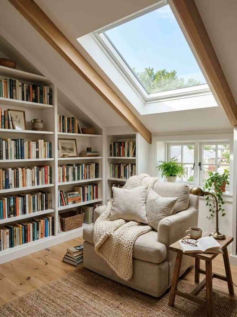 Loft reading room with sloped ceilings and bright skylight.