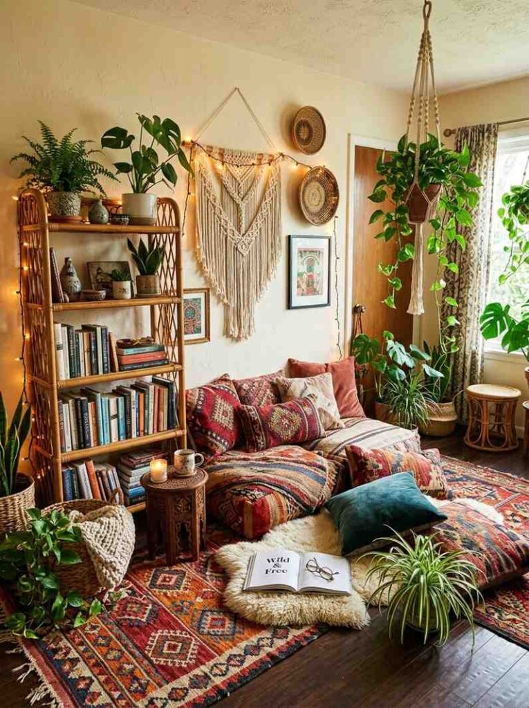 Bohemian reading room with layered rugs, floor cushions, and plants.