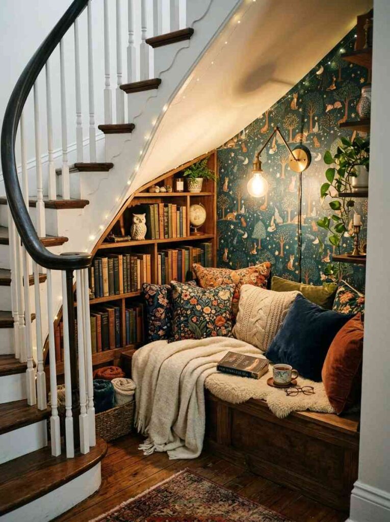 Cozy under-stairs reading nook with built-in bench and bookshelves.