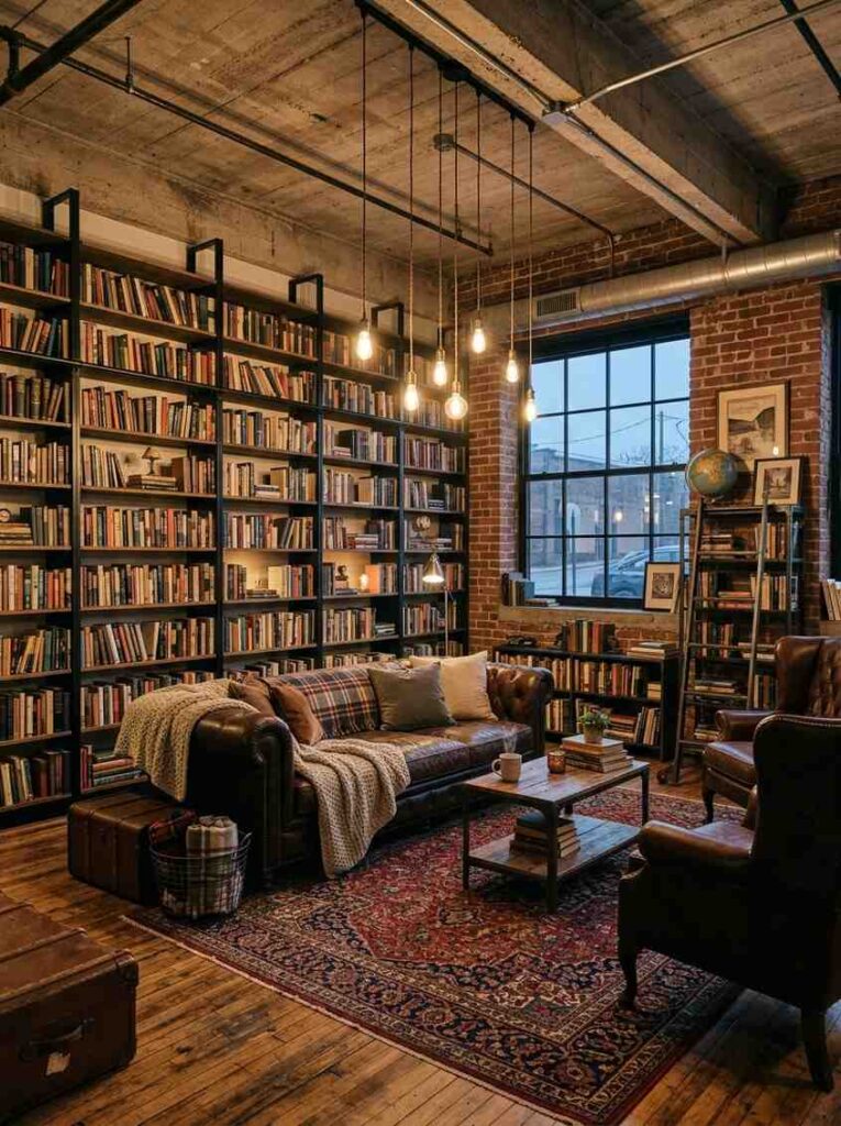 Industrial reading room with exposed brick and leather sofa.