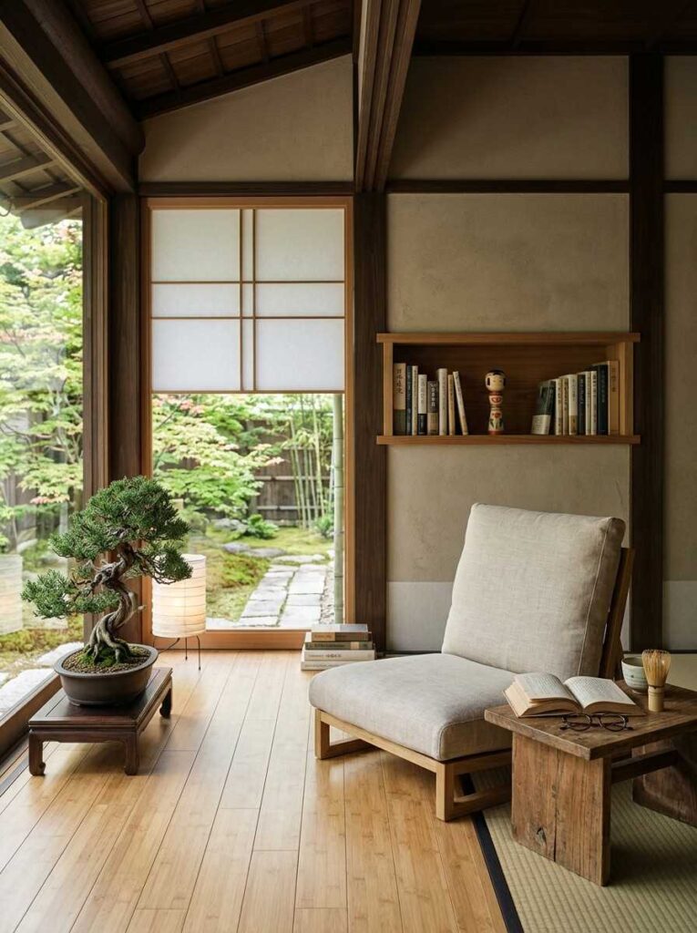 Japanese Zen reading room with low seating and calming natural decor.