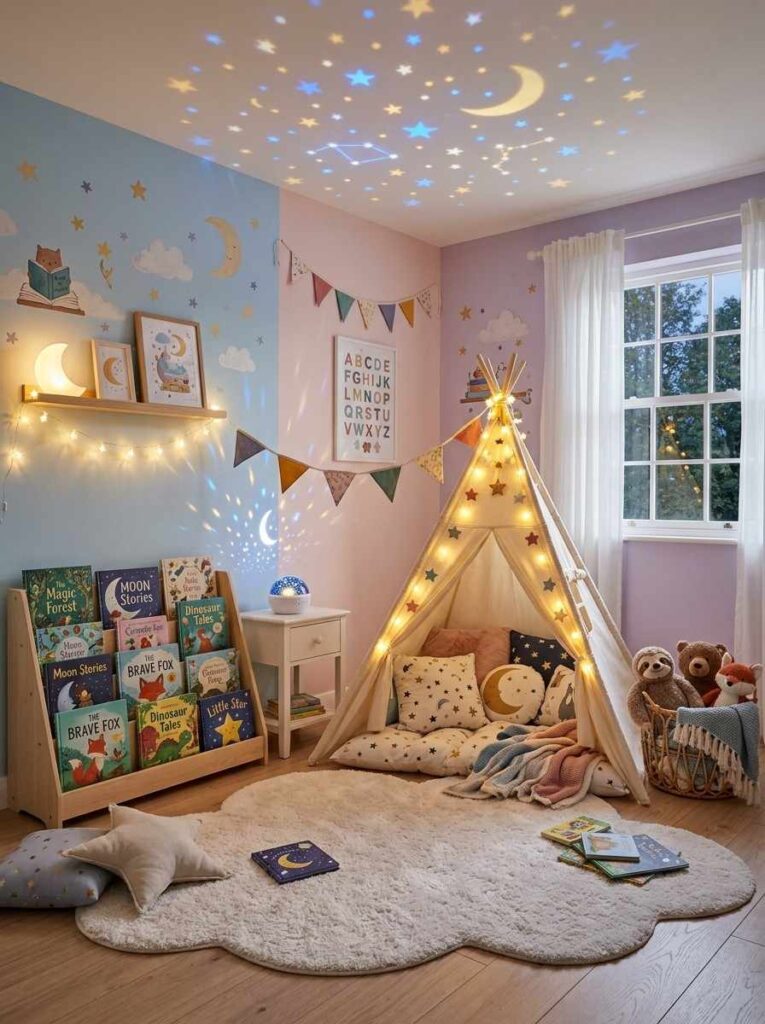 Magical kids reading room with teepee, fairy lights, and colorful books.