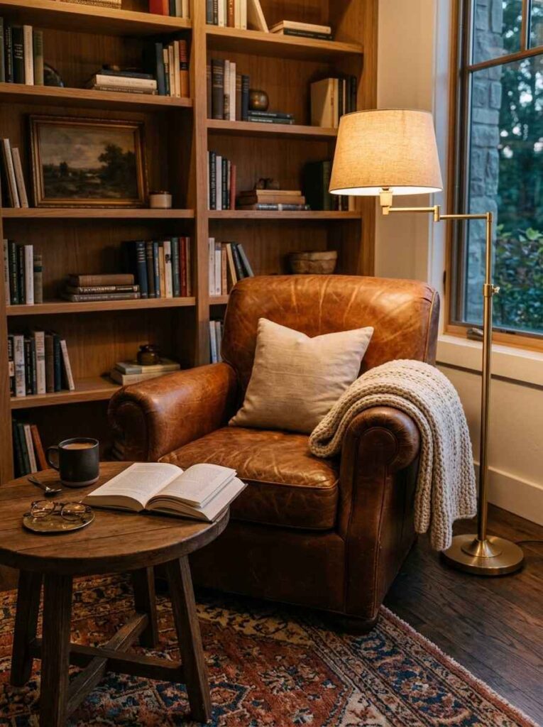 Warm leather armchair reading corner with brass lamp and side table.