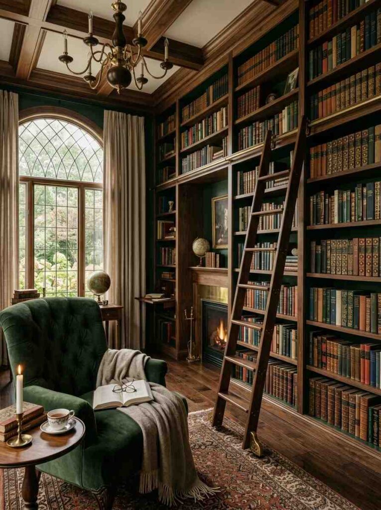 Floor-to-ceiling bookshelf wall in a cozy luxury reading room with rolling library ladder.
