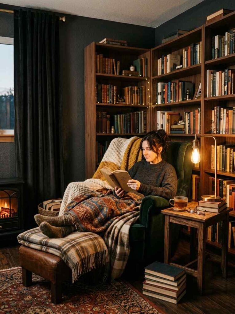 Moody reading room with dark charcoal walls and warm layered lighting.