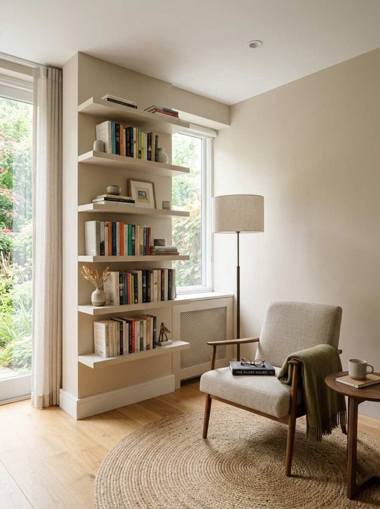 Small reading room with floating shelves and minimalist design.