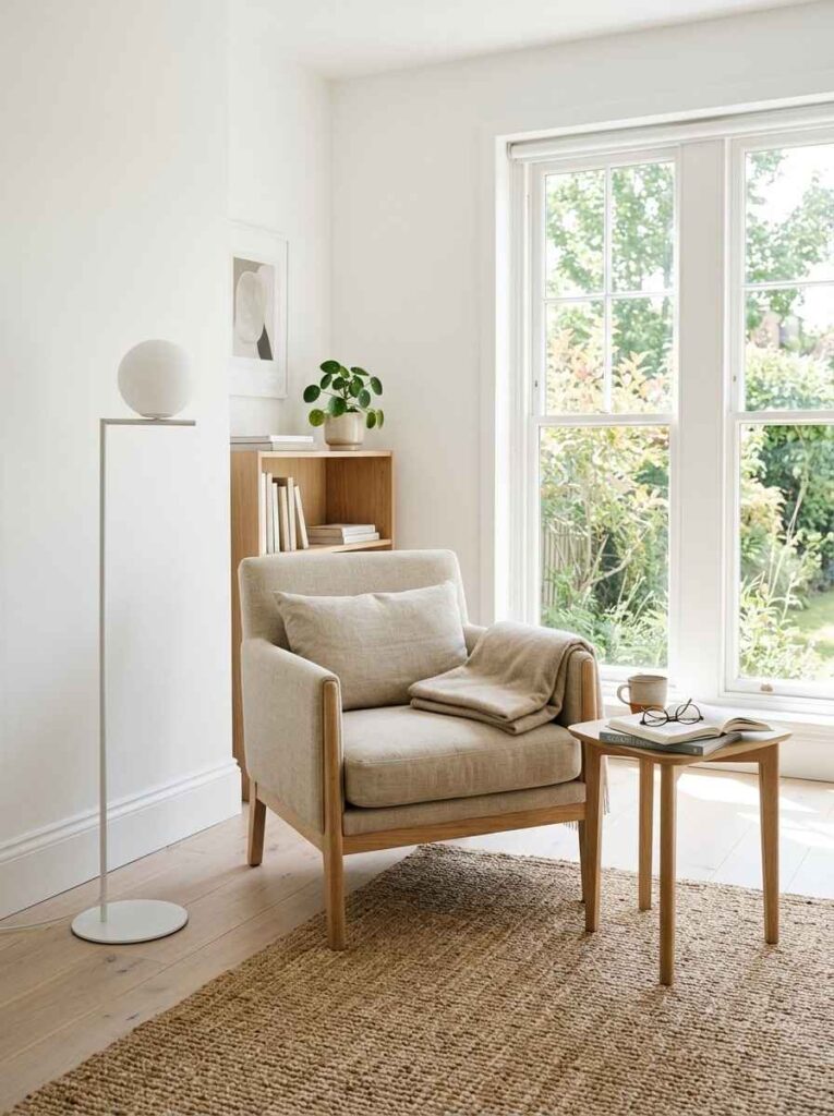 Scandinavian minimalist reading room with pale wood furniture and natural light.