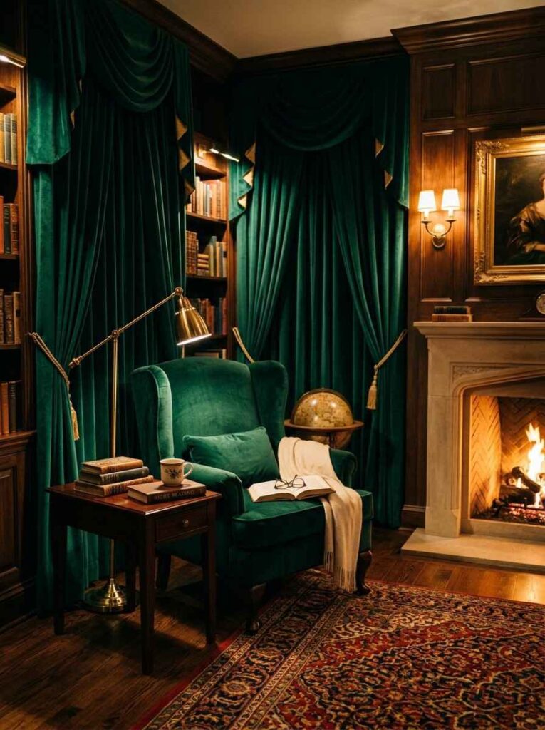 Velvet-curtained reading room with luxurious dramatic atmosphere.