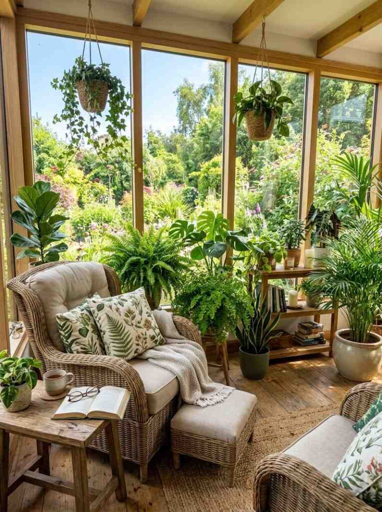 Garden-inspired reading room filled with natural light and indoor plants.
