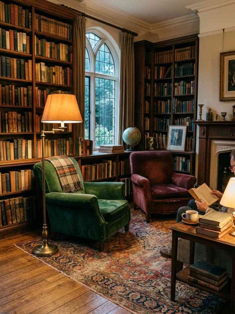 Vintage reading room with antique furniture and classic bookshelves.
