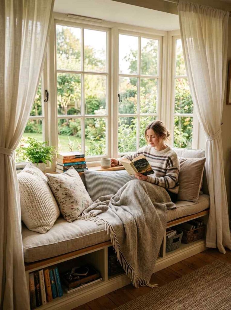 Cozy window seat reading nook with soft cushions and natural sunlight.