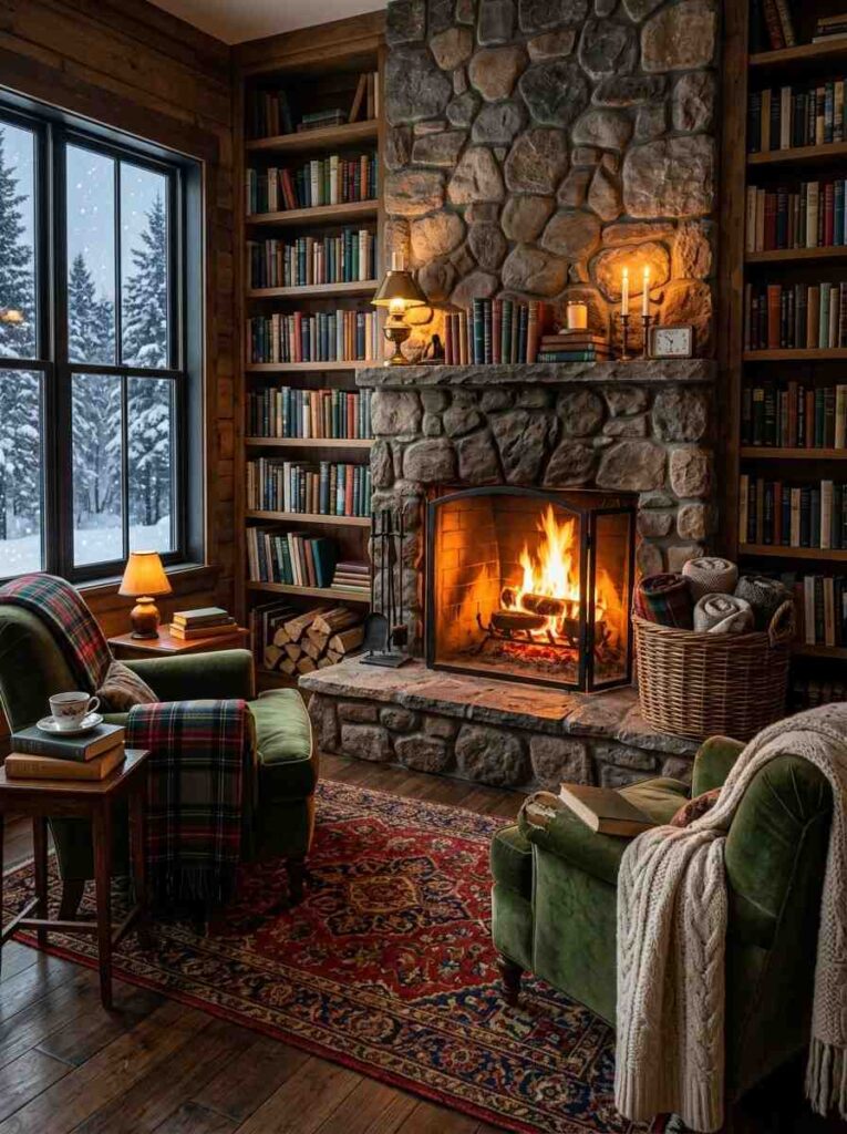 Cozy fireplace reading room with plush chairs and wool rug.