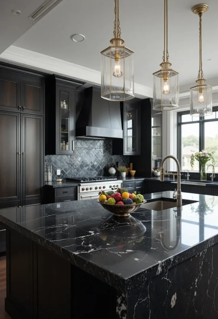 Leathered black granite countertop texture in a modern luxury kitchen.
