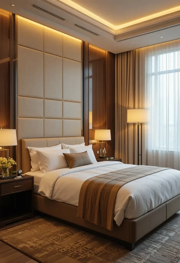Full guest bedroom with warm layered lighting ambiance
