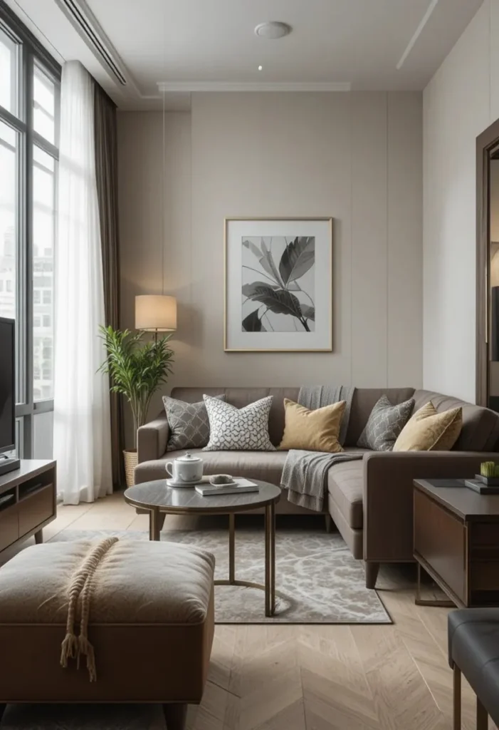 Full apartment living room with multifunctional furniture layout