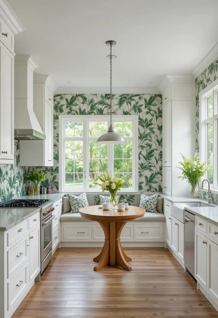 Full kitchen with green botanical wallpaper accent wall