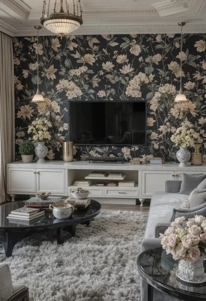 Botanical wallpaper feature wall framing mounted TV in stylish living room