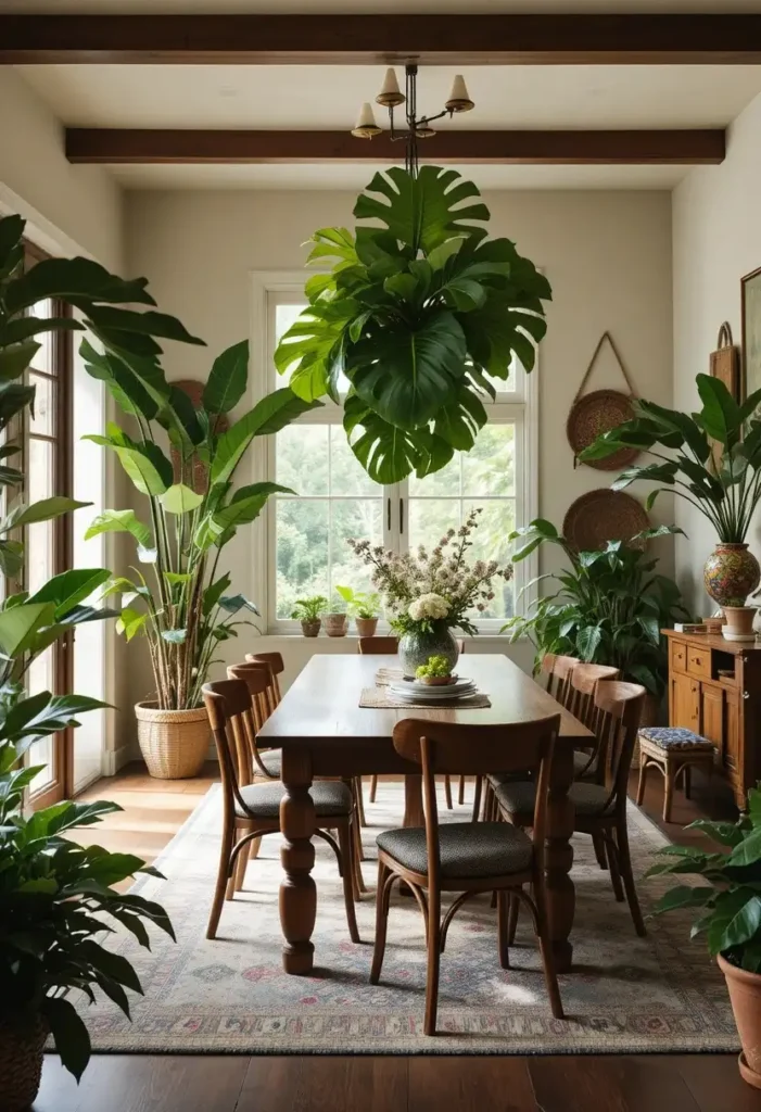 Boho dining room filled with indoor plants and natural textures.