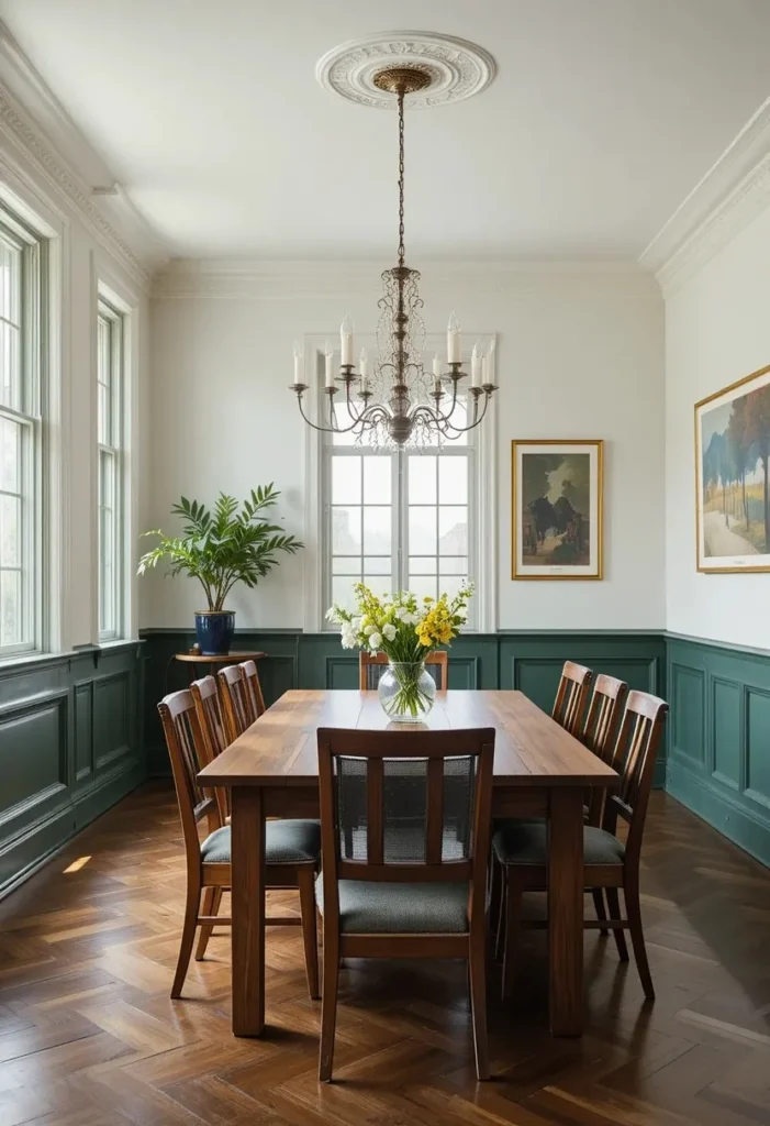 Full dining room with hunter green wainscoting for classic architectural charm