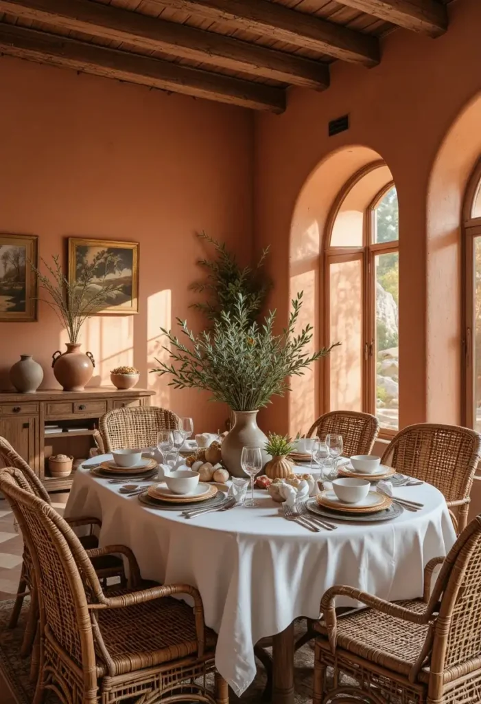 Terracotta dining room with rattan chairs and Mediterranean styling