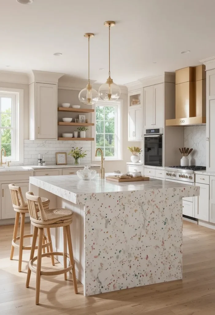 Bright kitchen with a colorful terrazzo waterfall island and cheerful modern styling.