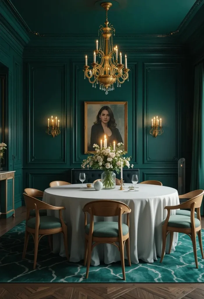 Emerald green dining room walls with gold lighting and wooden dining chairs