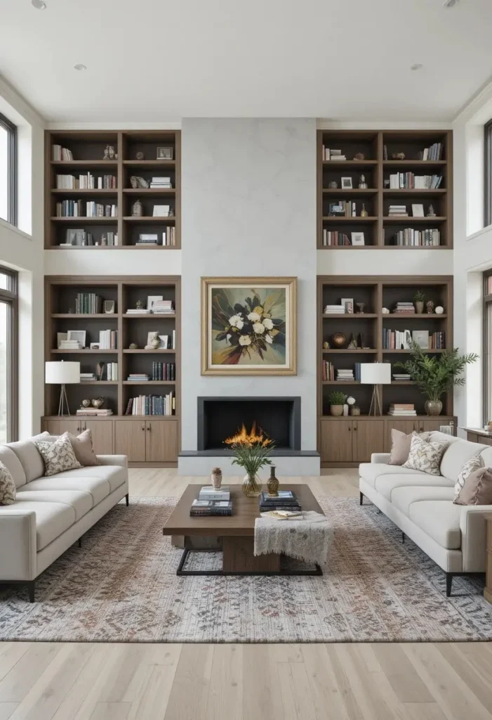 Double-sided built-in shelves dividing an open-plan living room.