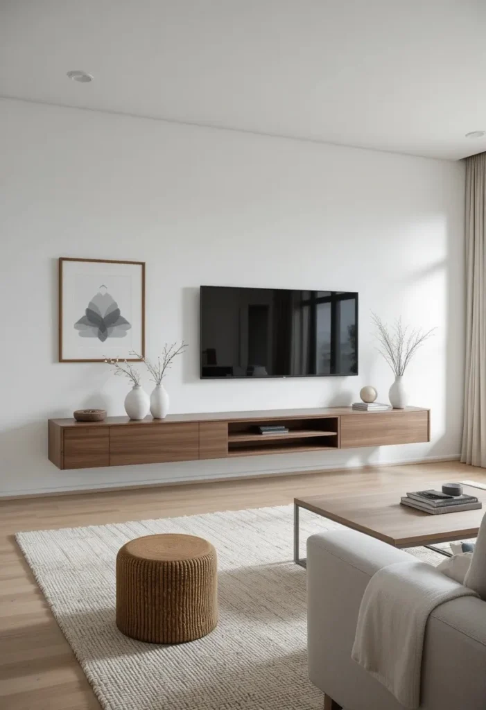 Minimalist TV wall with floating walnut media console and clean decor