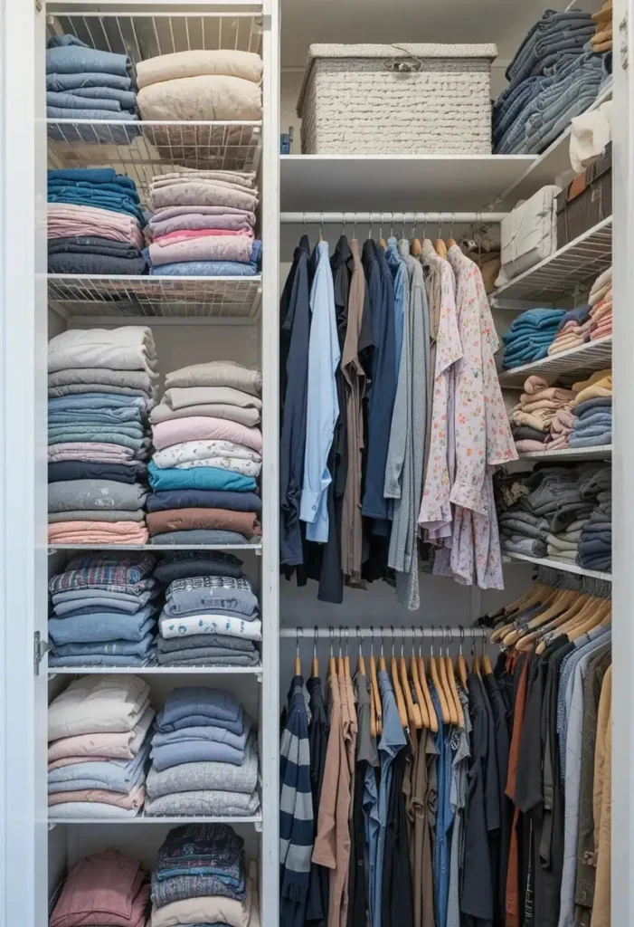 Wardrobe shelves neatly organized using tension rod dividers.